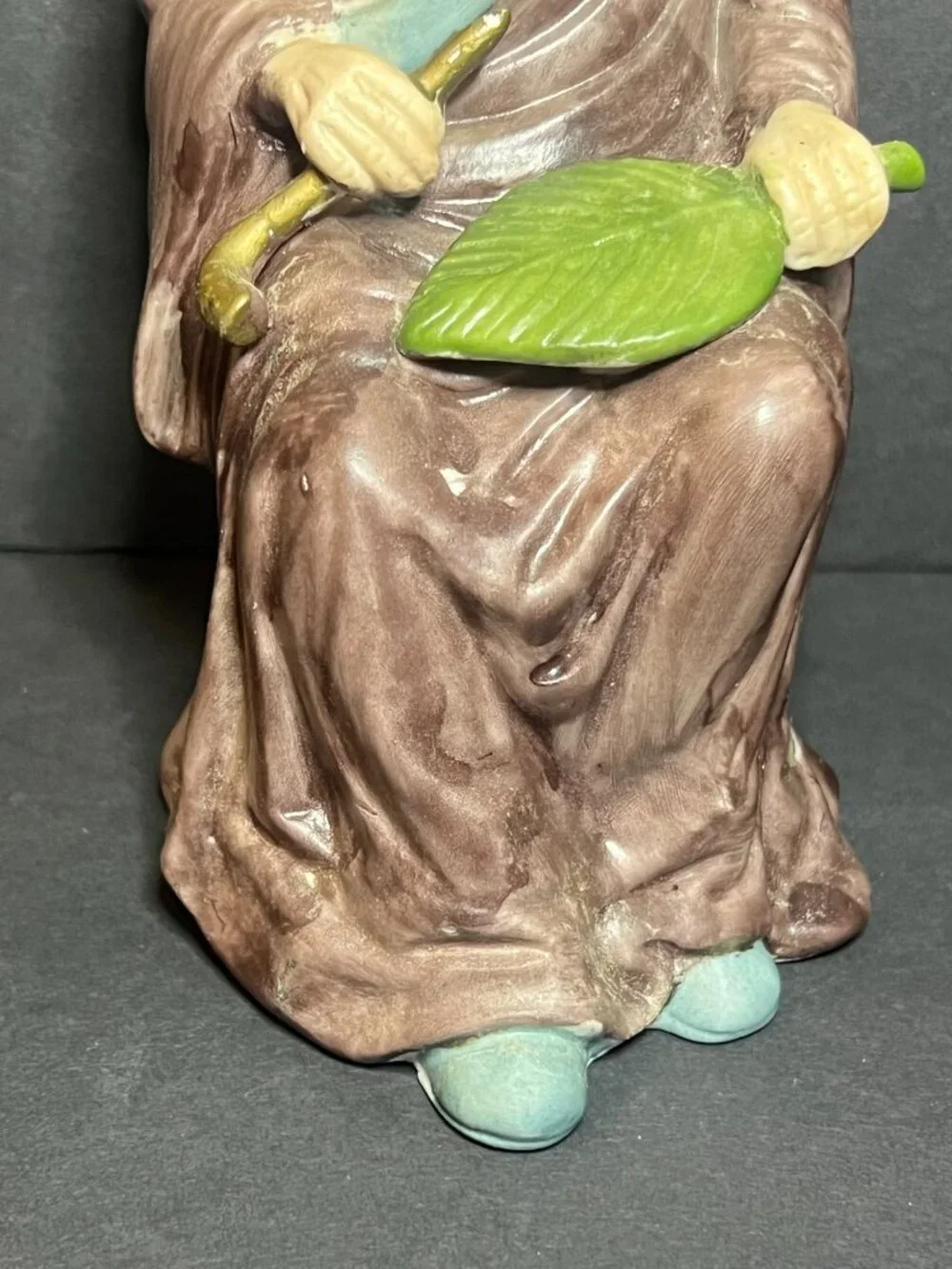 Vintage 1970s Toyo Porcelain Seated Old Asian Man Figurine w/ Palm Leaf Fan
